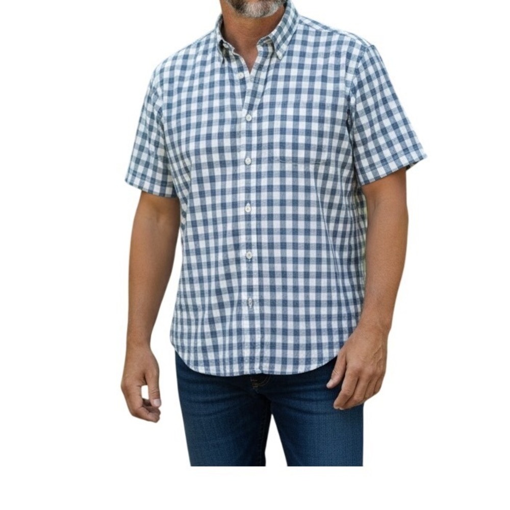Pronto Uomo Mens XXL Blue White Gingham Check Short Sleeve ButtonUp Shirt Cotton